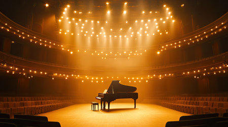 Overhead shot of a classical concert background with a grand piano and soft lighting, providing room for text or logo.の素材