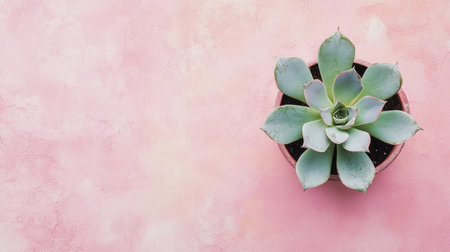 Overhead shot of a plant placed in a ceramic pot, with a minimalist background and room for text.の素材