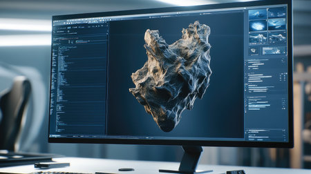 Top-down view of a computer screen displaying AI D modeling software interface with a D model in progress, surrounded by clean desk space for copy.の素材
