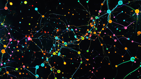 Top-down shot of a computer-generated DNA strand with vibrant colors, surrounded by molecular patterns, leaving space for text.の素材