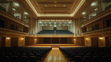 Top-down view of a classical concert hall with wooden floors, empty seats, and soft lighting, creating space for text or branding.の素材