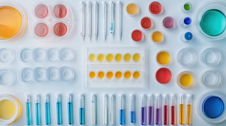 Top-down shot of a research workspace with petri dishes, test tubes, and scientific instruments, leaving room for copy.の素材