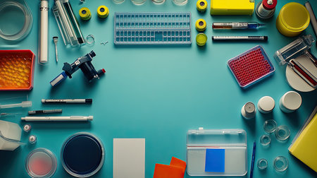 Top-down shot of a research workspace with petri dishes, test tubes, and scientific instruments, leaving room for copy.の素材