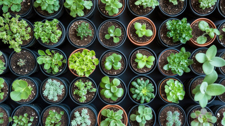 Top-down view of an assortment of green plants with contrasting leaf patterns, offering space for branding.の素材