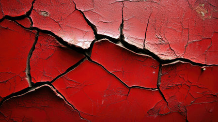 A detailed close-up of a red cracked wall, with uneven lines and rough textures, providing a bold, distressed backdrop for creative designs.の素材