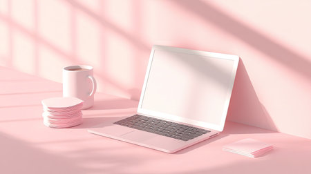 A minimal desk setup with an open laptop, a coffee cup, and a stack of sticky notes. Light background.の素材