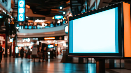 A digital signage board in a shopping center, with an unoccupied screen ready for messaging.の素材