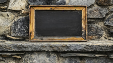 Blank chalkboard-style sign framed in weathered wood, leaning against a stone wall.の素材