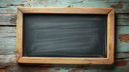 A simple chalkboard sign with a light wood frame, lying flat on a rustic wooden table with soft lighting.の素材