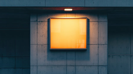 A rectangular business sign softly lit by an overhead light on a concrete wall.の素材