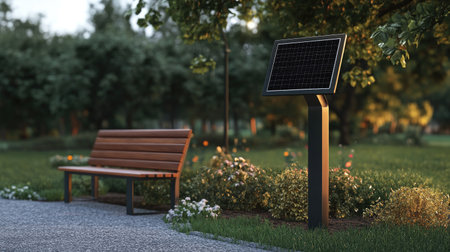 A modern solar-powered sign post in an eco-friendly park, displaying an empty space for digital content.の素材