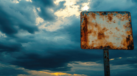 Blank industrial-style metal signboard on a pole against a cloudy sky.の素材