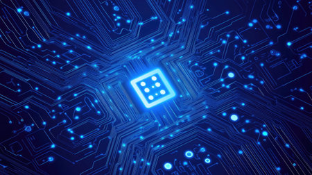 A high-tech circuit board glowing with neon AI nodes, showcasing intricate pathways symbolizing artificial intelligence processes. Copy space.の素材