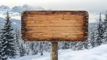 Blank wooden sign surrounded by snow-capped pine trees on a winter day.の素材