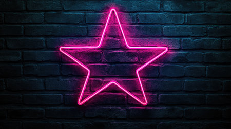 Glowing neon sign in vibrant pink tones mounted on a dark brick wall.の素材