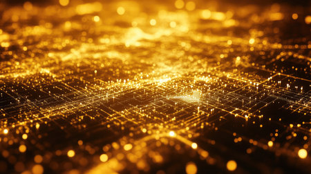 A glowing tech background with geometric shapes and digital grids, leaving ample space for future design.の素材