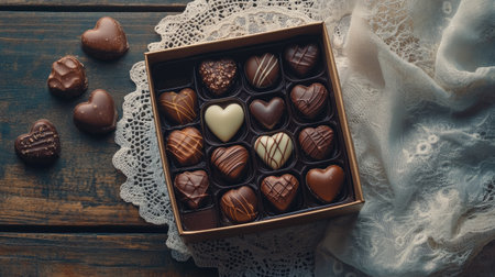 A box of assorted gourmet chocolates in the shape of hearts, resting on a lace doily with soft lighting, perfect for a romantic surpriseの素材
