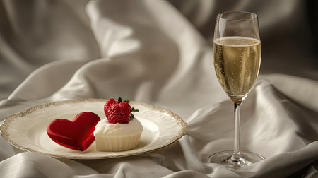 A close-up of a romantic dinner setting with a heart-shaped dessert and a glass of champagne, arranged elegantly with room for copy.の素材
