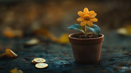 A growing plant with golden coin flowers in a pot, symbolizing green investments.の素材