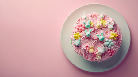 A simple Easter cake design with smooth, pastel-colored frosting and small bunny figurines on top, placed on a light-colored plate with ample space for text.の素材