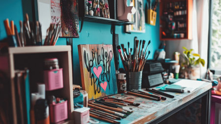 A hand-painted wooden sign with a love quote, surrounded by craft supplies like paintbrushes and markers, placed on a work surface with ample space for text.の素材