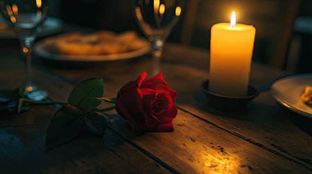 A romantic table setting with a single red rose, a lit candle, and gourmet dishes, leaving enough space for text.の素材