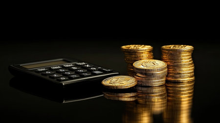 A calculator placed beside stacked gold coins on a reflective black surface, symbolizing financial strategy.の素材