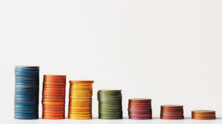 A clean white background with a bar graph made of stacked colored blocks and coins.の素材