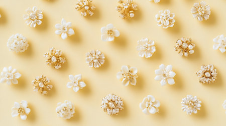 Flat lay of gold earrings with floral motifs arranged in a circular pattern on a soft pastel yellow background.の素材