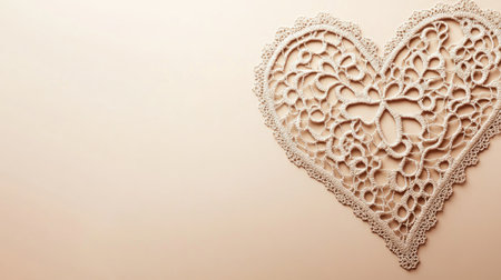 A Valentine's Day card featuring intricate lace patterns in the shape of a heart, placed on a neutral-colored background with room for text.の素材