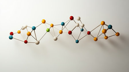 Overhead view of a D model of a DNA strand with geometric shapes, leaving clean space for text.の素材