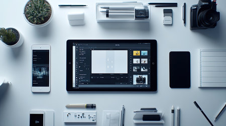 Top-down shot of a tablet showing AI video generation software interface, with video content being created on screen, surrounded by a clean desk for text placement.の素材