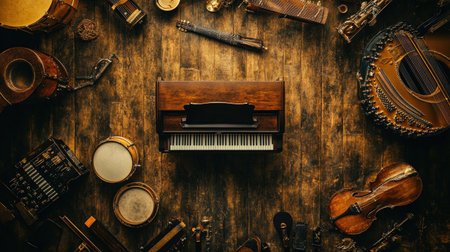 Flatlay of a classic music concert stage with a grand piano, vintage instruments, and space for branding or copy in the center.の素材