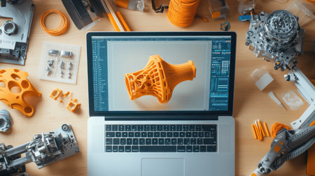 Top view of a laptop screen showing AI-enhanced D modeling software, with a D object being developed and clean space for text.の素材
