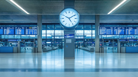 Airport terminal with a large clock and a departure board, top view.の素材