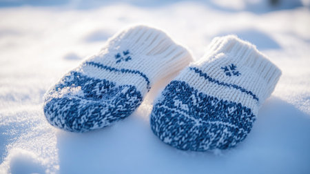A pair of mittens lying side by side on fresh, untouched snow.の素材