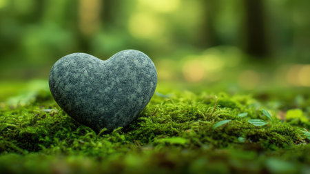 A heart-shaped stone nestled into a bed of moss in a serene forest setting.の素材