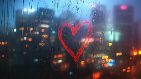 A hand-drawn heart on a foggy window with soft city lights in the background.の素材