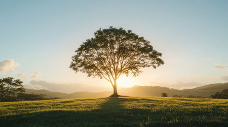 A peaceful countryside scene with rolling hills and a single tree glowing under the golden hour light.の素材