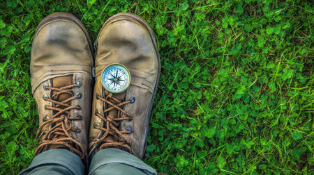 Backpack with a hiking boot and a compass, top view.の素材