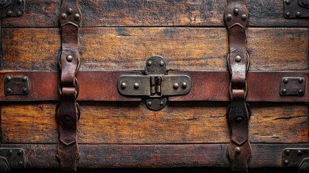 Vintage steamer trunk with leather straps, top view.の素材