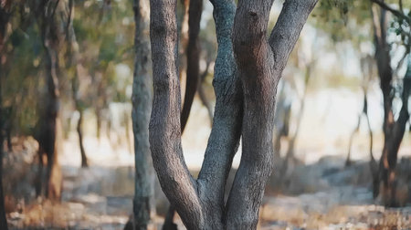 Two intertwined tree trunks in a forest, their branches gently wrapping around each other in a natural embrace.の素材