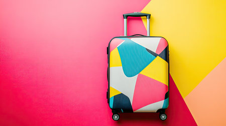 Colorful wheeled suitcase with a playful pattern, top view.の素材