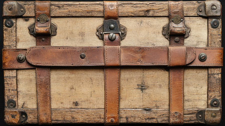 Vintage steamer trunk with leather straps, top view.の素材
