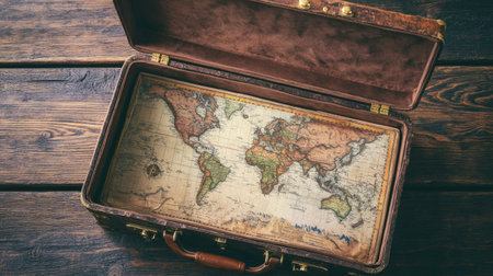 Vintage suitcase with a travel map, top view.の素材