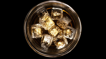 Abstract view of glass with ice cubes, top view.の素材
