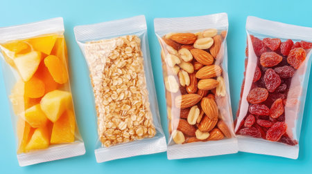 A clean, bright arrangement of pre-packed healthy snacks like nut bars and dried fruit on a colorful background.の素材