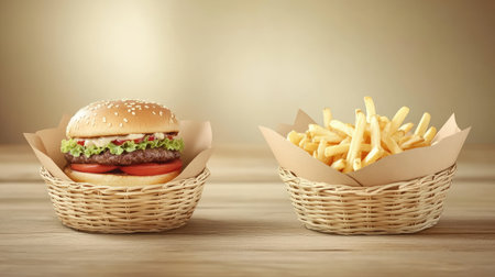 A classic burger and fries combo served in a stylish basket with paper lining. Blank area for text.の素材