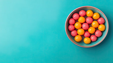 A colorful arrangement of cheese balls in a ceramic bowl on a vibrant blue background.の素材