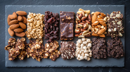 A top view of assorted snack packs, like trail mix and jerky, displayed on a modern slate surface.の素材